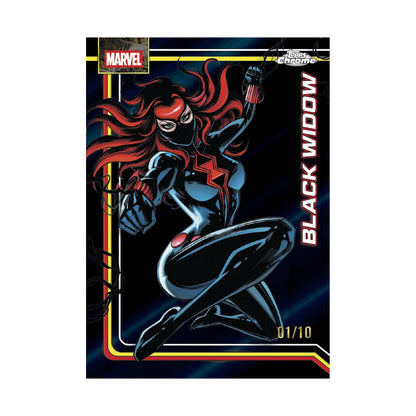 2026 Topps Chrome Marvel Comics Blaster, Black Widow Facsimile Black Wave /10, trykt signatur. Produsentens korteksempel, ikke garantert innhold.