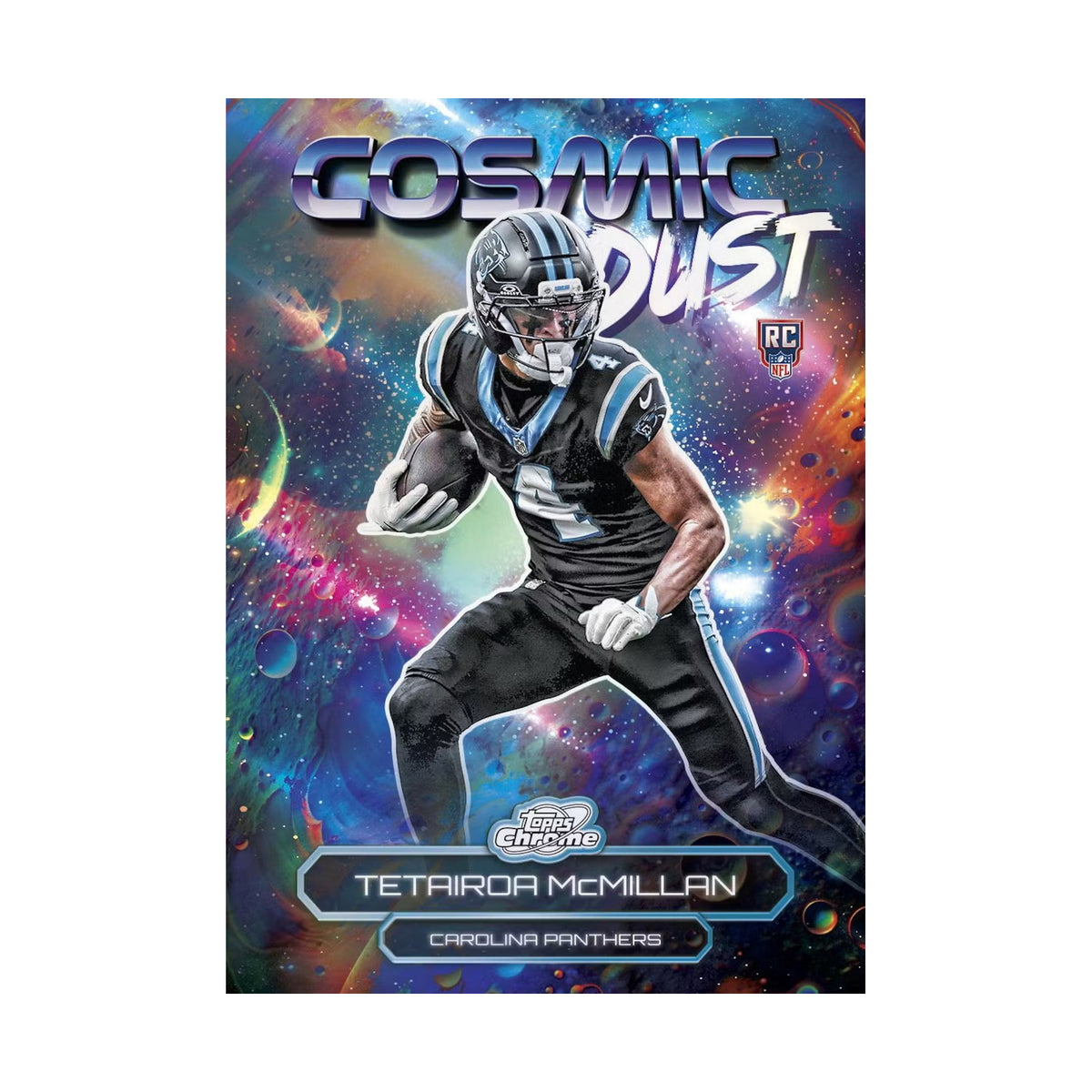 2025 Topps Cosmic Chrome Football Hobby, Tetairoa McMillan Cosmic Dust. Produsentens korteksempel, ikke garantert innhold.