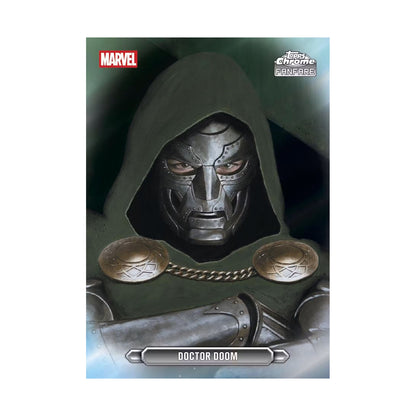 2026 Topps Chrome Marvel Comics Blaster, Doctor Doom Fanfare. Produsentens korteksempel, ikke garantert innhold.