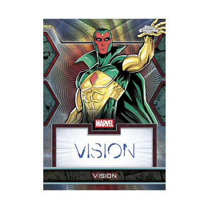 2026 Topps Chrome Marvel Comics Blaster, Vision Facsimile kort, trykt signatur. Produsentens korteksempel, ikke garantert innhold.