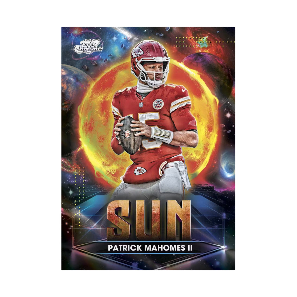 2025 Topps Cosmic Chrome Football Hobby, Patrick Mahomes Planetary Pursuit Sun. Produsentens korteksempel, ikke garantert innhold.