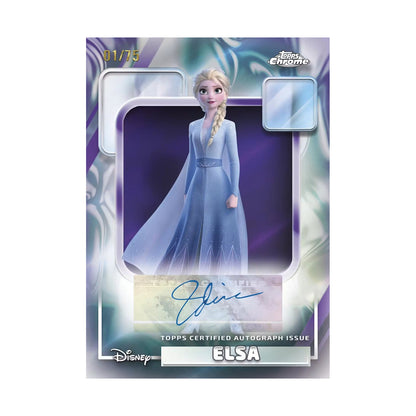 2026 Topps Chrome Disney Blaster, Elsa Authentic Disney Princess autograf Purple /75. Produsentens korteksempel, ikke garantert innhold.