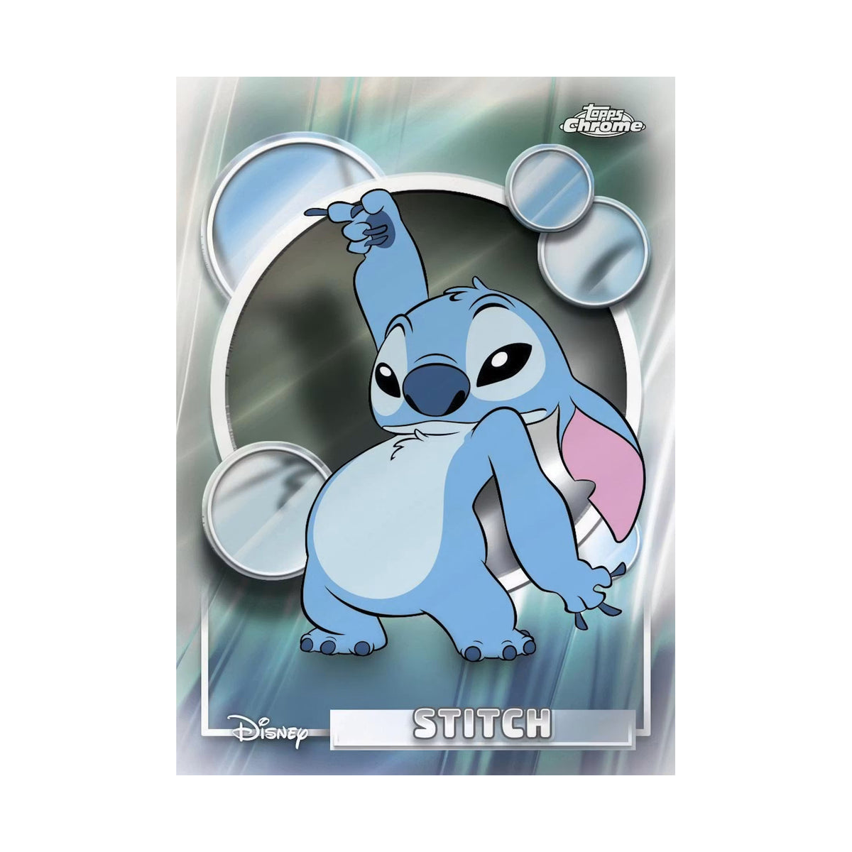 2026 Topps Chrome Disney Blaster, Stitch Base Refractor. Produsentens korteksempel, ikke garantert innhold.
