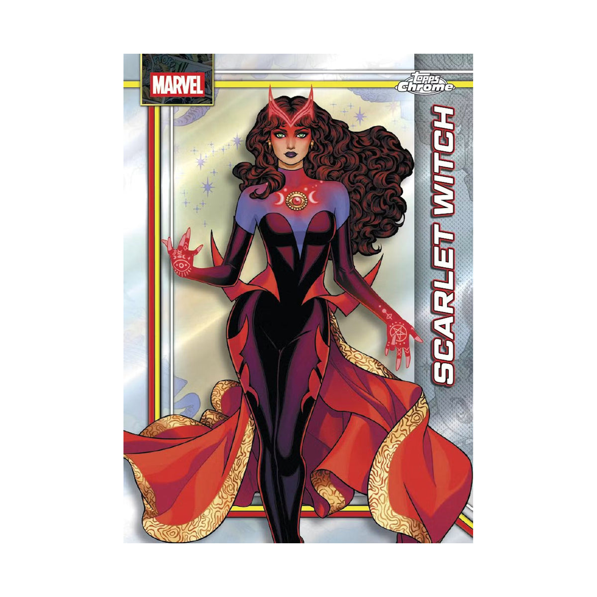 2026 Topps Chrome Marvel Comics Blaster, Scarlet Witch Astonishing. Produsentens korteksempel, ikke garantert innhold.