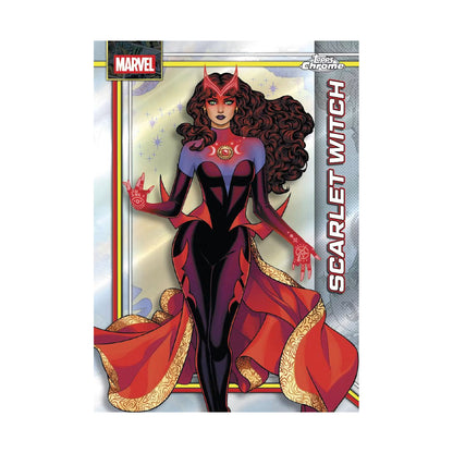 2026 Topps Chrome Marvel Comics Blaster, Scarlet Witch Astonishing. Produsentens korteksempel, ikke garantert innhold.