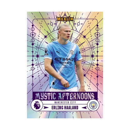 2025/26 Topps Merlin EPL Blaster, Erling Haaland Mystic Afternoons. Produsentens korteksempel, ikke garantert innhold.
