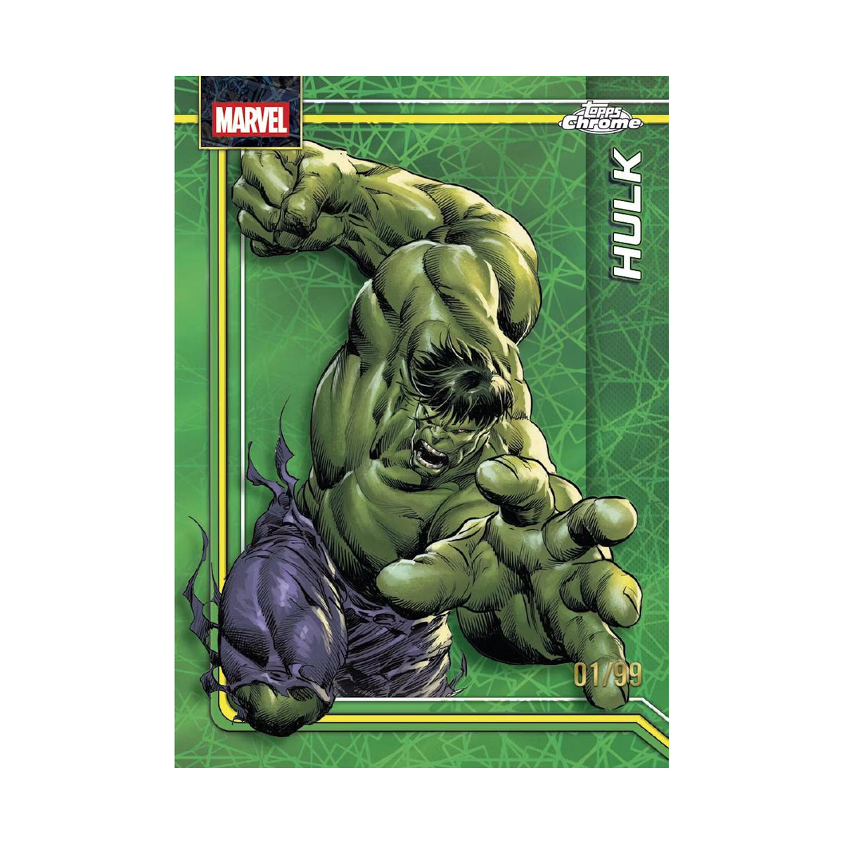 2026 Topps Chrome Marvel Comics Blaster, Hulk Green Lazer /99. Produsentens korteksempel, ikke garantert innhold.