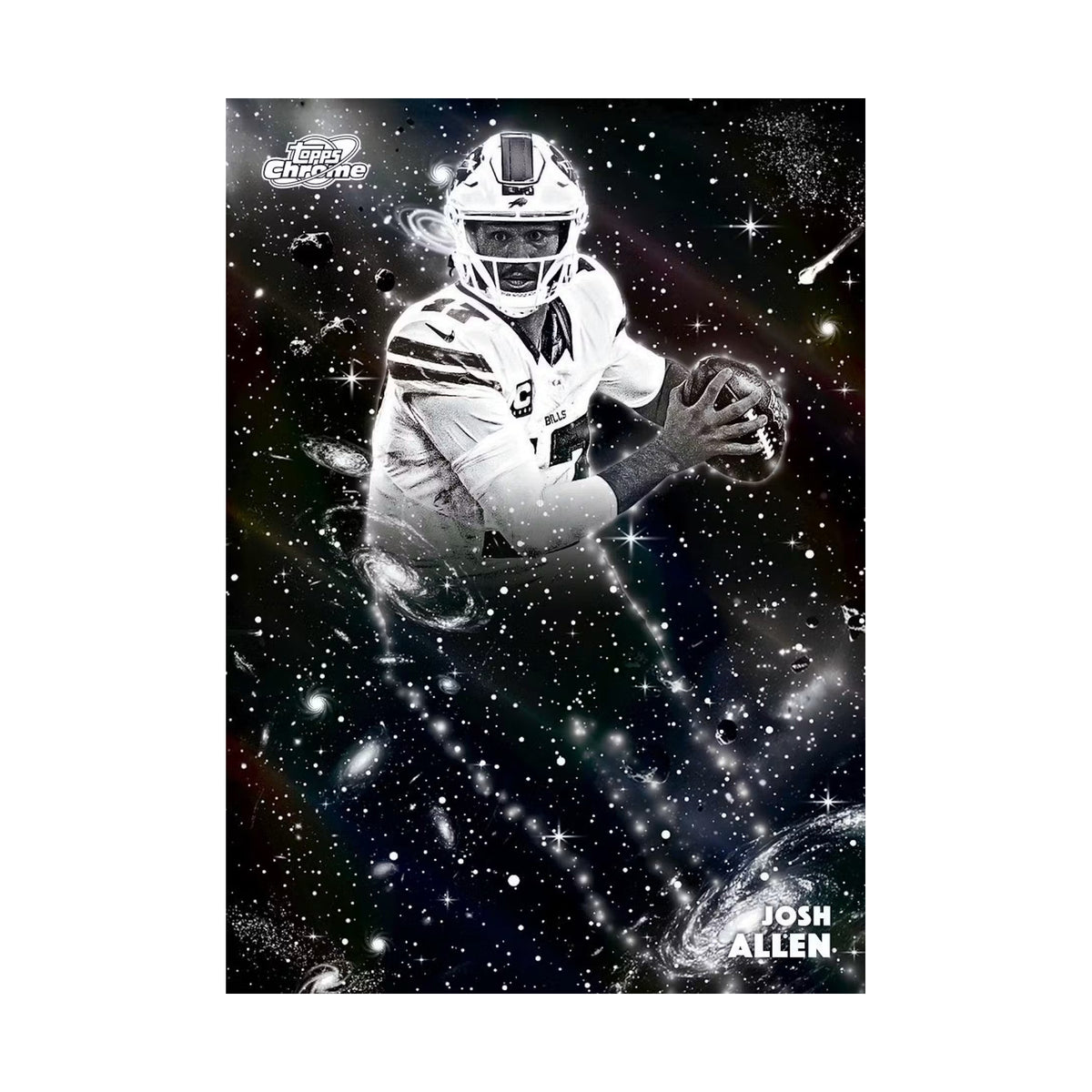 2025 Topps Cosmic Chrome Football Hobby, Josh Allen basekort. Produsentens korteksempel, ikke garantert innhold.