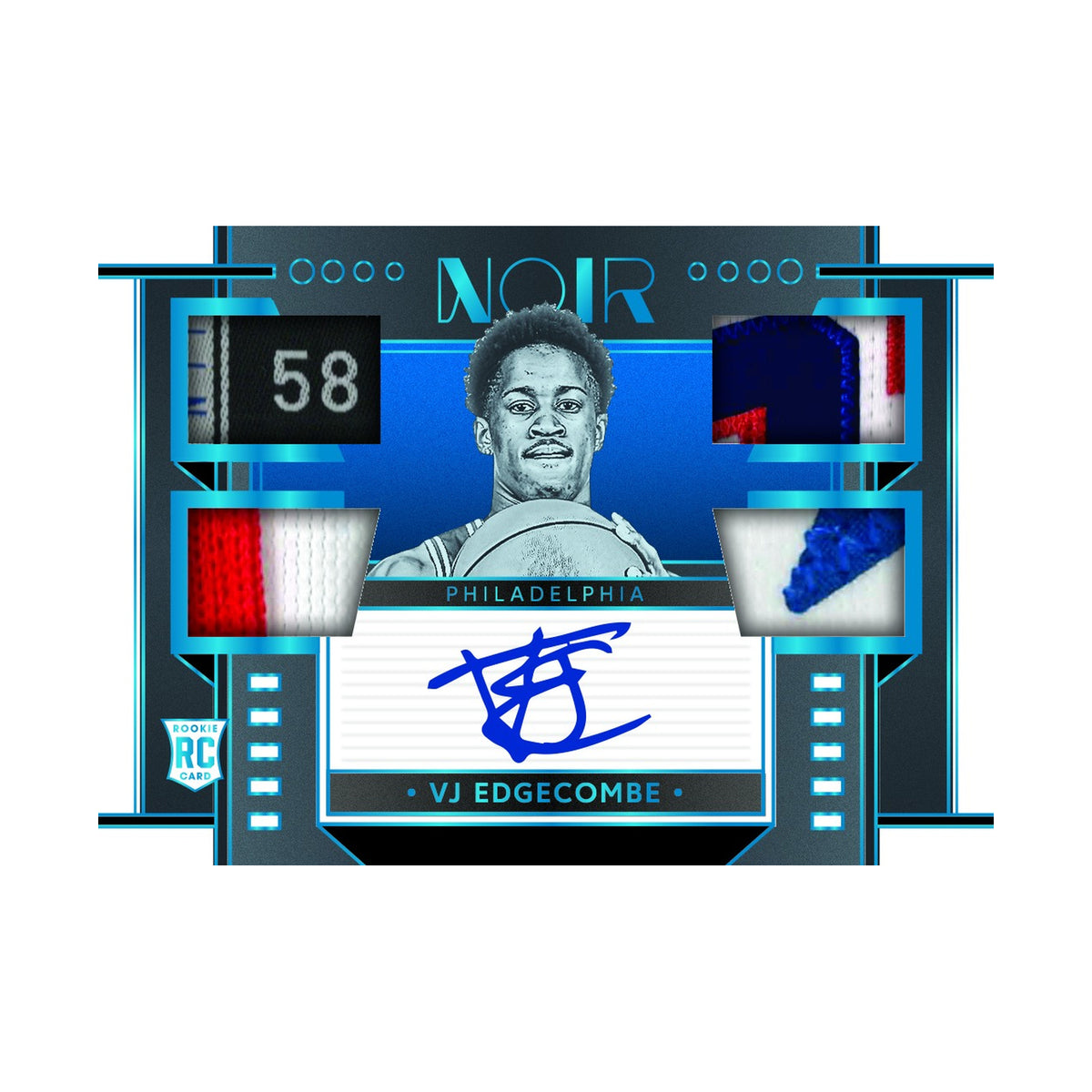 2025/26 Panini Noir Basketball. V.J. Edgecombe Quad Patch Autographs. Produsentens eksempel, ikke garantert innhold.
