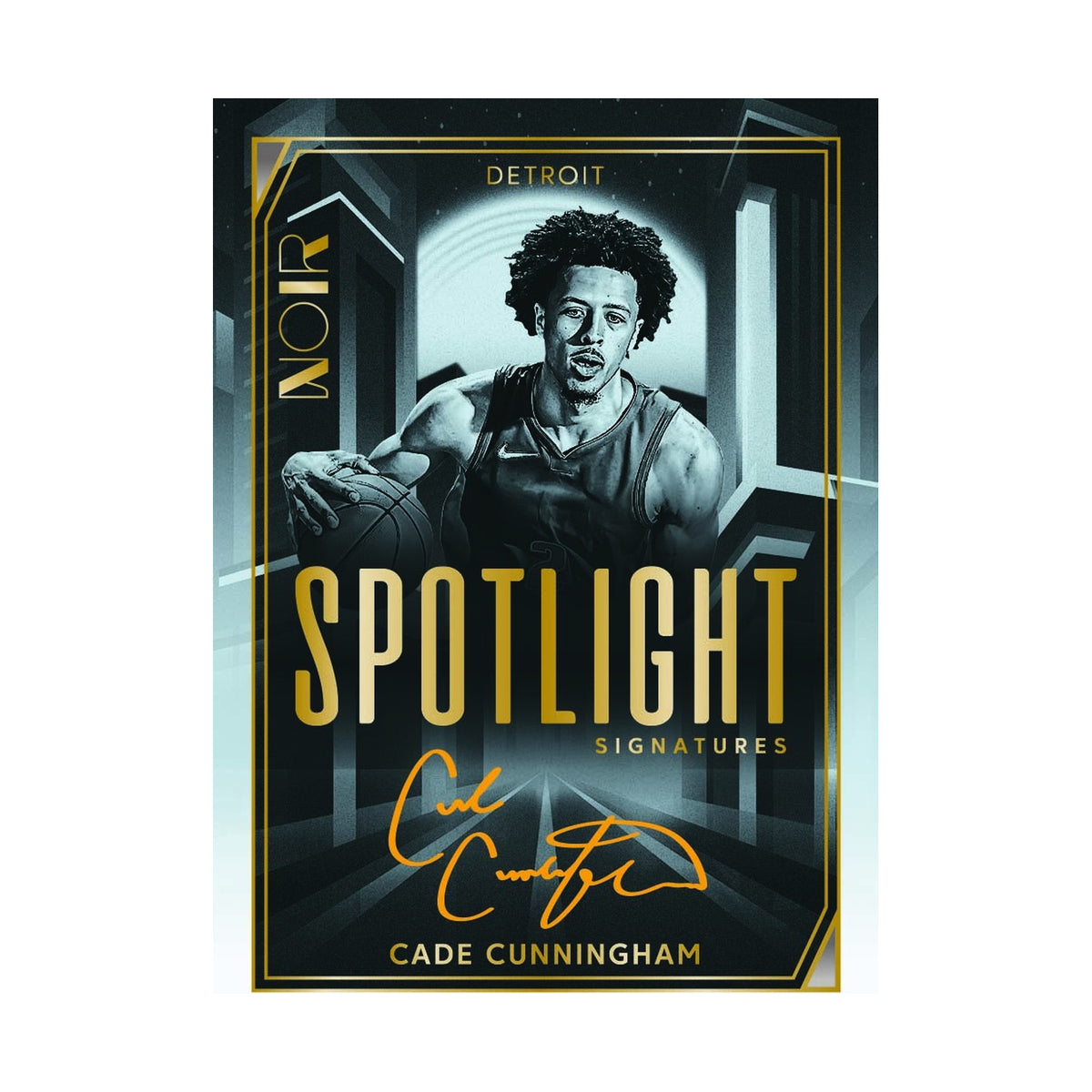 2025/26 Panini Noir Basketball. Cade Cunningham Spotlight Signatures. Produsentens eksempel, ikke garantert innhold.