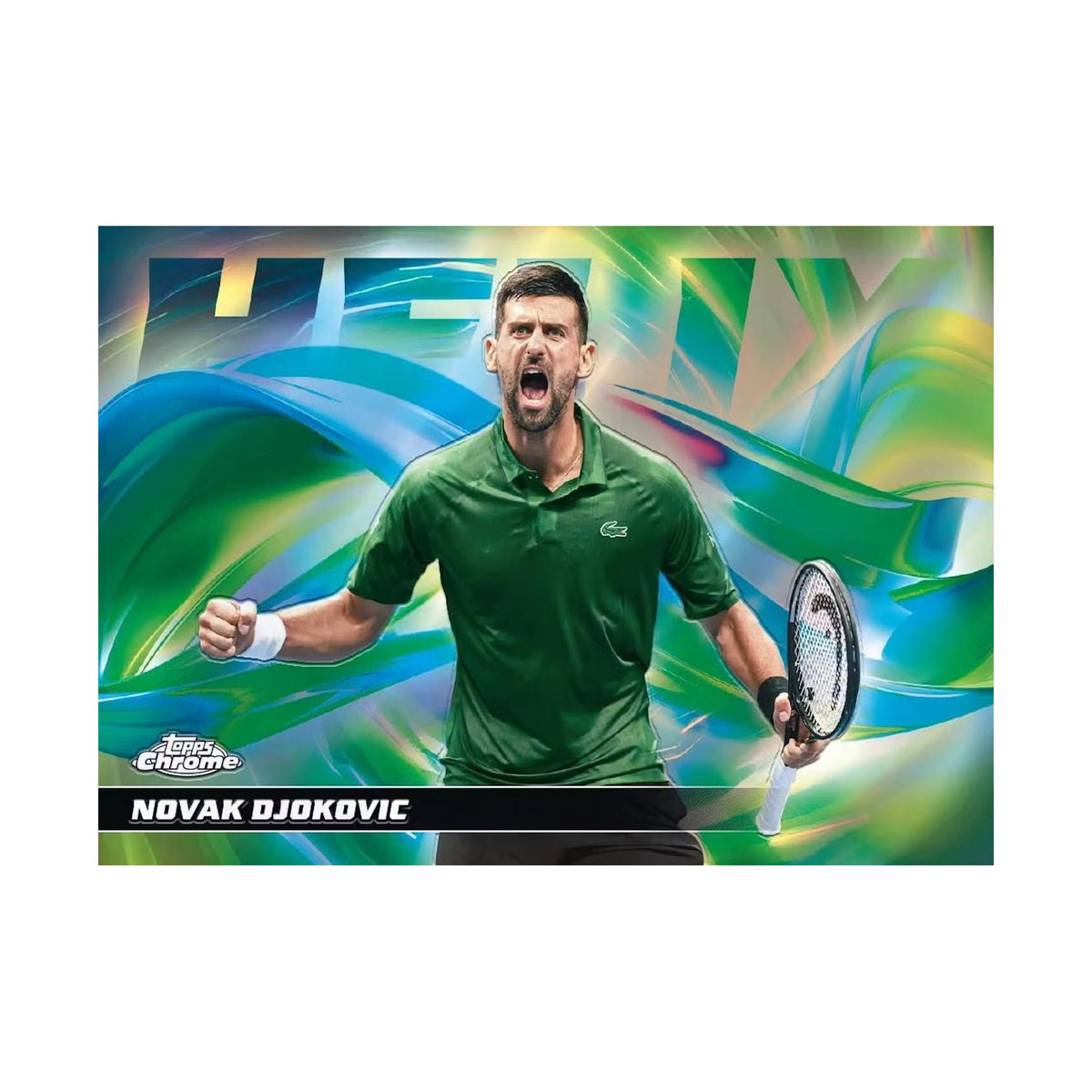 2026 Topps Chrome Tennis, Novak Djokovic Helix. Produsentens korteksempel, ikke garantert innhold.