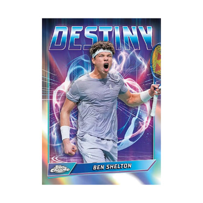2026 Topps Chrome Tennis, Ben Shelton Destiny. Produsentens korteksempel, ikke garantert innhold.