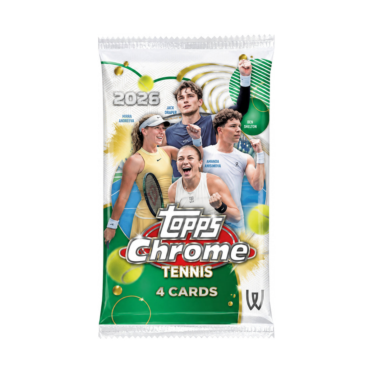 2026 Topps Chrome Tennis Blaster, Forseglet Value pakke med 4 kort.