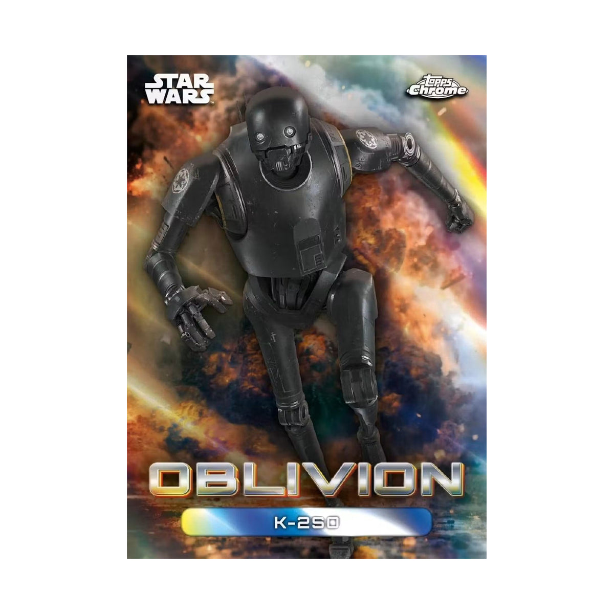 2026 Topps Chrome Star Wars Blaster, K-2SO Oblivion. Produsentens korteksempel, ikke garantert innhold.
