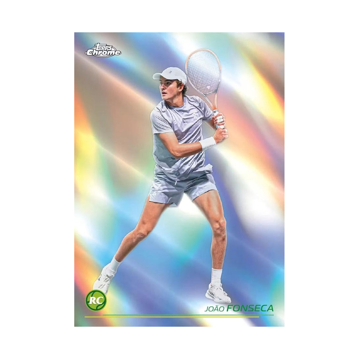 2026 Topps Chrome Tennis, Joao Fonseca Prism Refractor. Produsentens korteksempel, ikke garantert innhold.