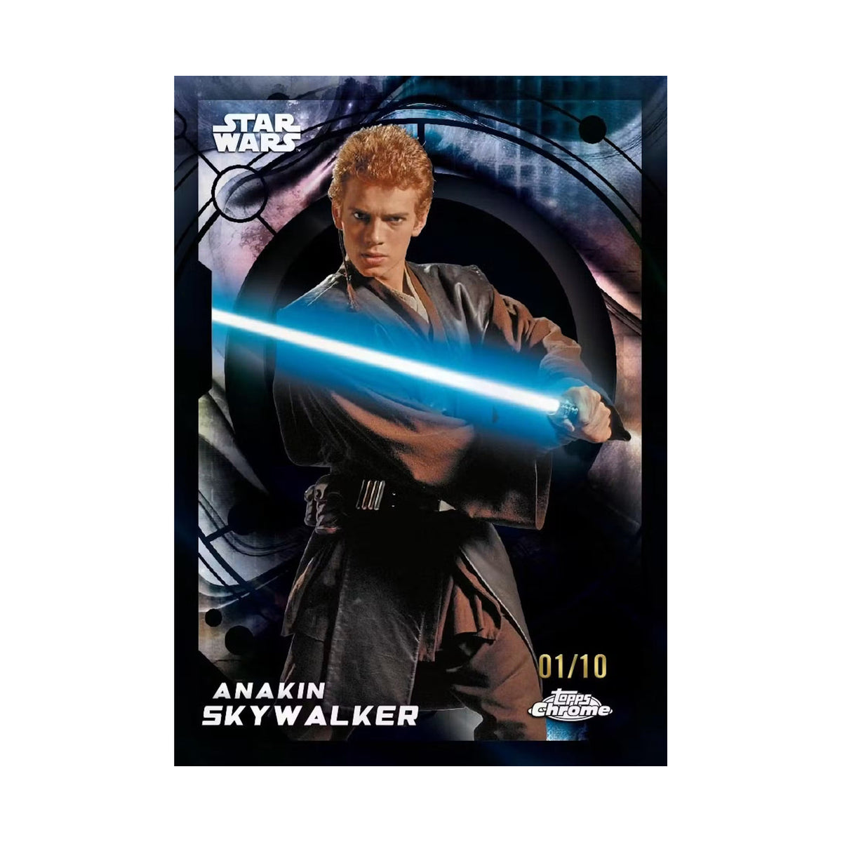 2026 Topps Chrome Star Wars Blaster, Anakin Skywalker Black Refractor /10. Produsentens korteksempel, ikke garantert innhold.