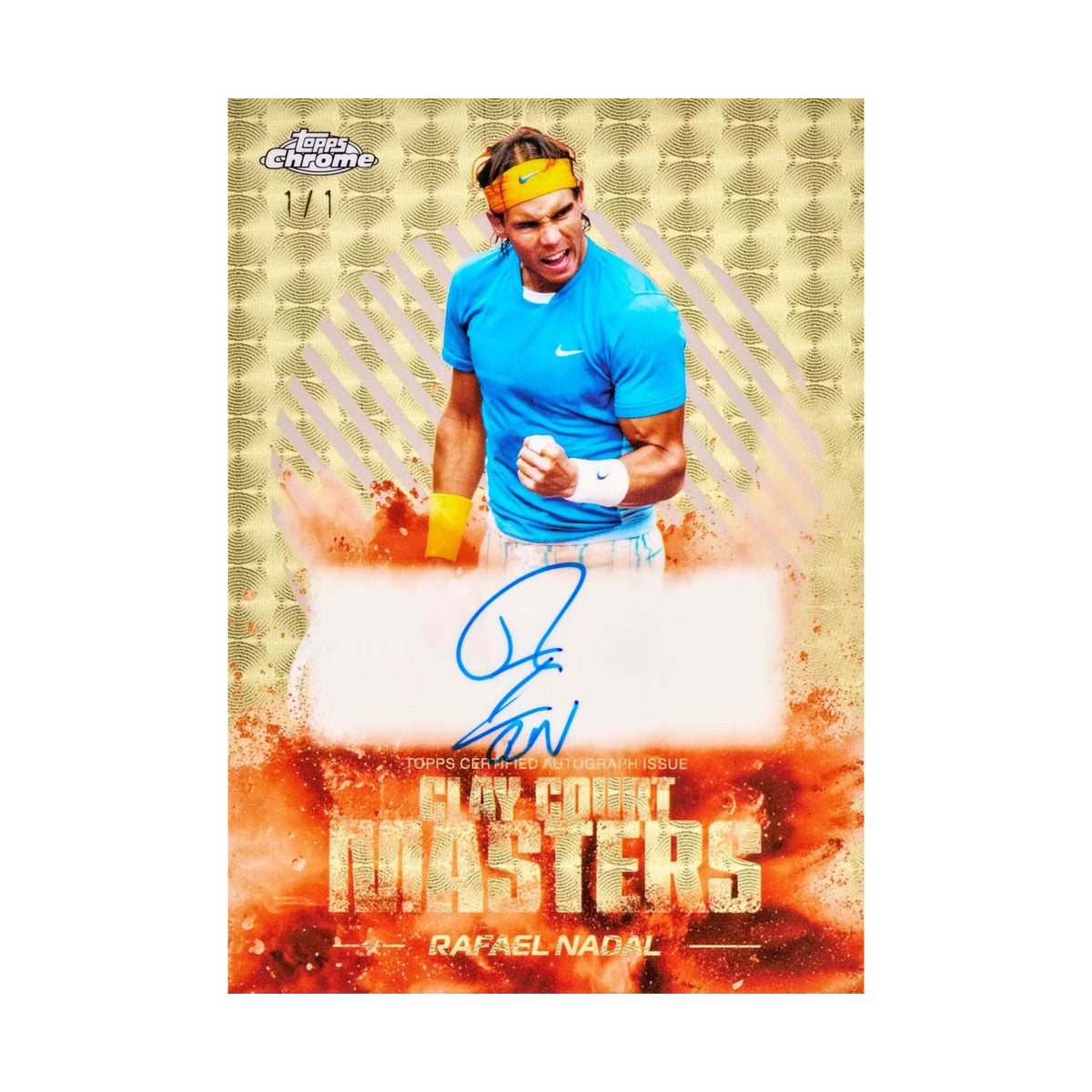 2026 Topps Chrome Tennis, Rafael Nadal Clay Court Masters Superfractor 1/1 autograf. Produsentens korteksempel, ikke garantert innhold.