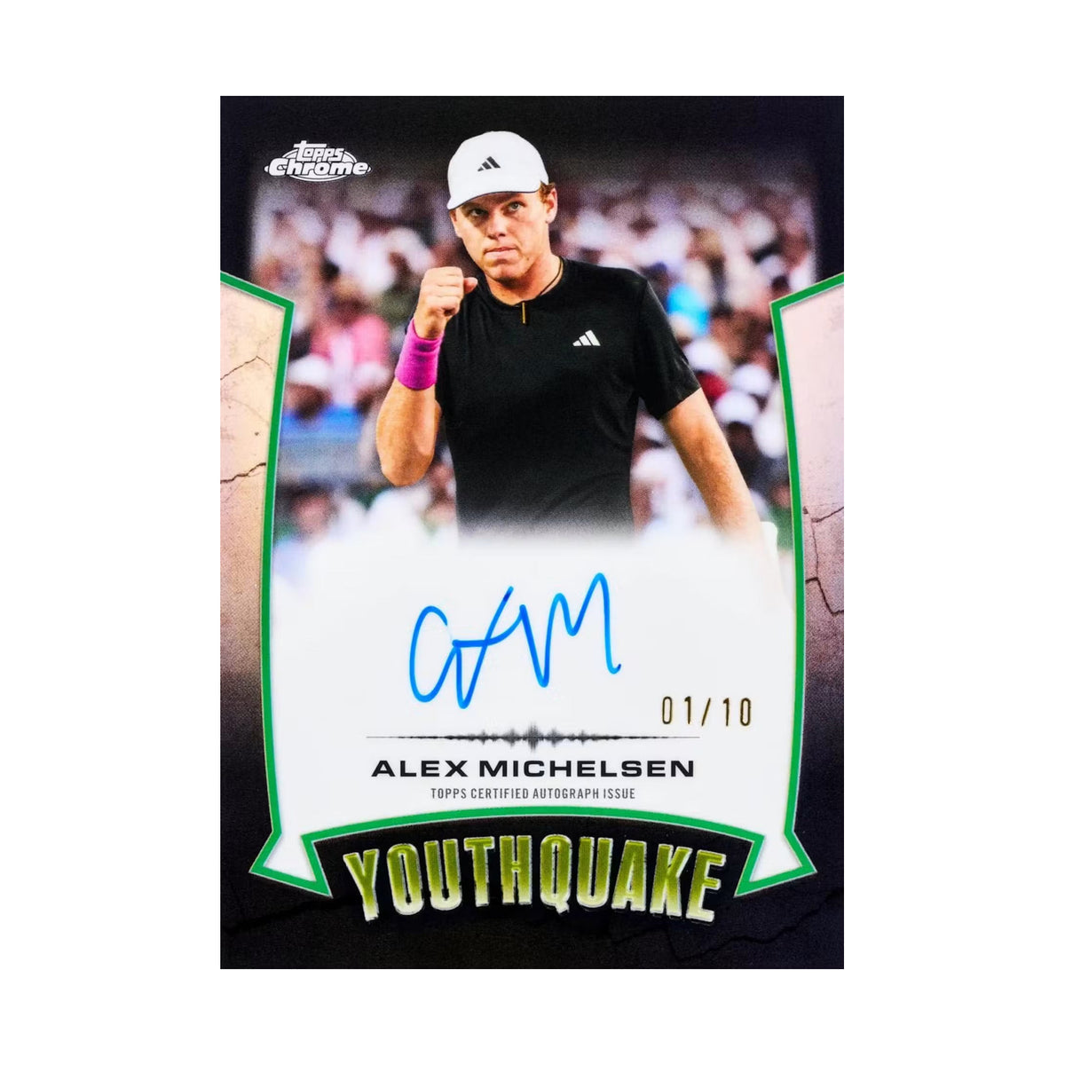 2026 Topps Chrome Tennis, Alex Michelsen Youthquake Signatures Black /10. Produsentens korteksempel, ikke garantert innhold.