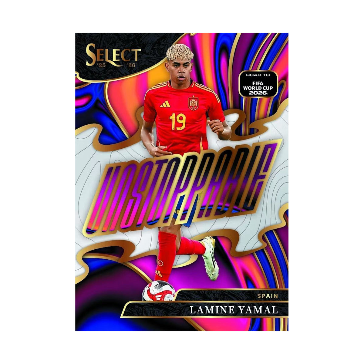 2025/26 Panini Select Road to FIFA World Cup Blaster, Lamine Yamal Unstoppable. Produsentens korteksempel, ikke garantert innhold.