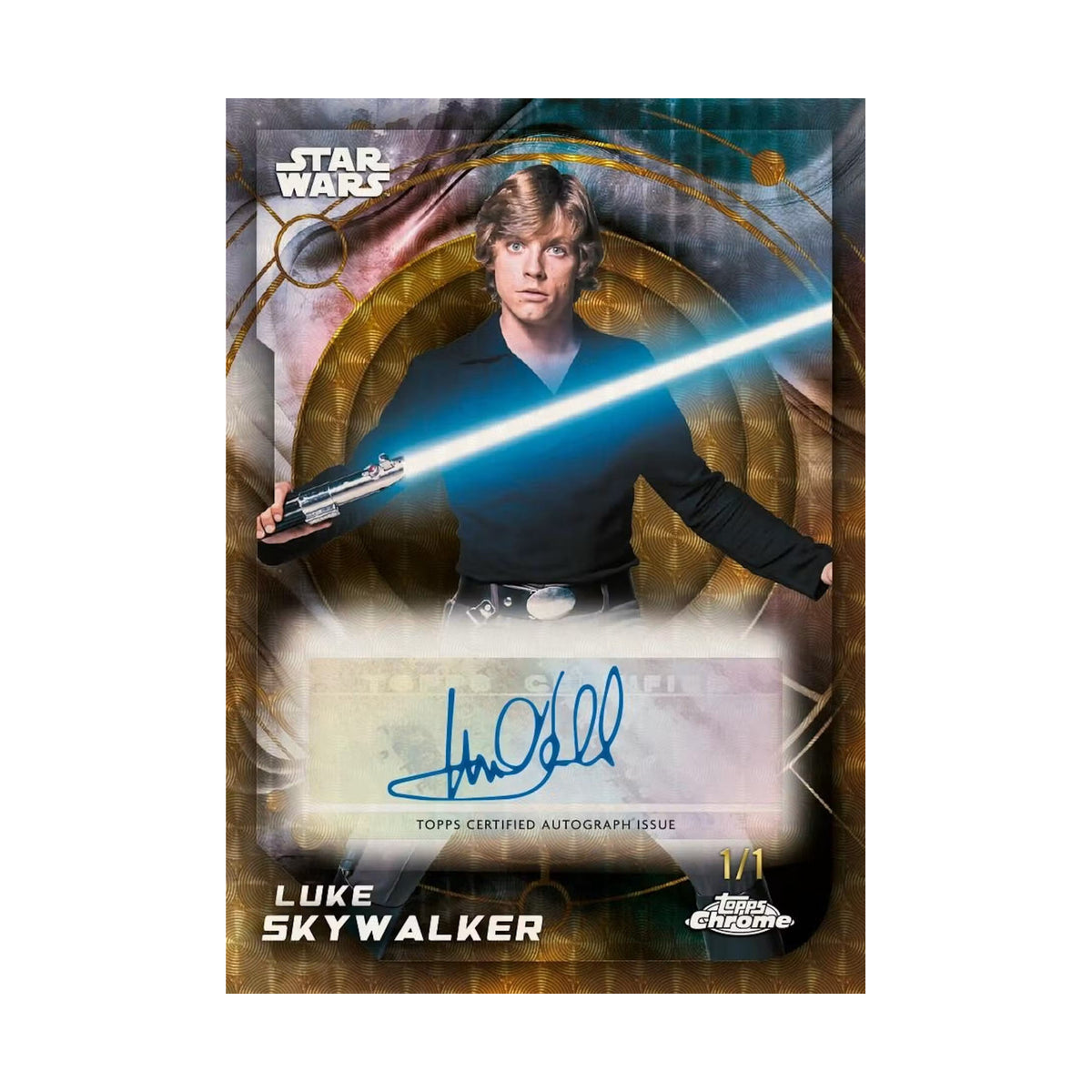 2026 Topps Chrome Star Wars Blaster, Luke Skywalker autograf Superfractor 1/1. Produsentens korteksempel, ikke garantert innhold.