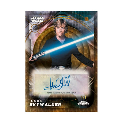 2026 Topps Chrome Star Wars Blaster, Luke Skywalker autograf Superfractor 1/1. Produsentens korteksempel, ikke garantert innhold.