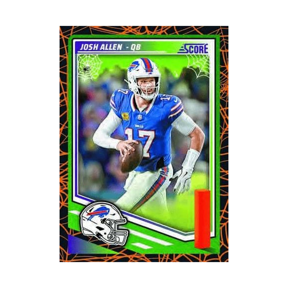 2025 Panini Score Football Halloween, Josh Allen Base Webs. Produsentens korteksempel, ikke garantert innhold.