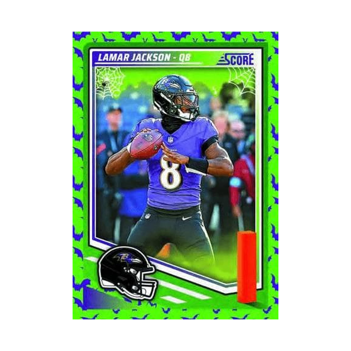 2025 Panini Score Football Halloween, Lamar Jackson Base Bats. Produsentens korteksempel, ikke garantert innhold.