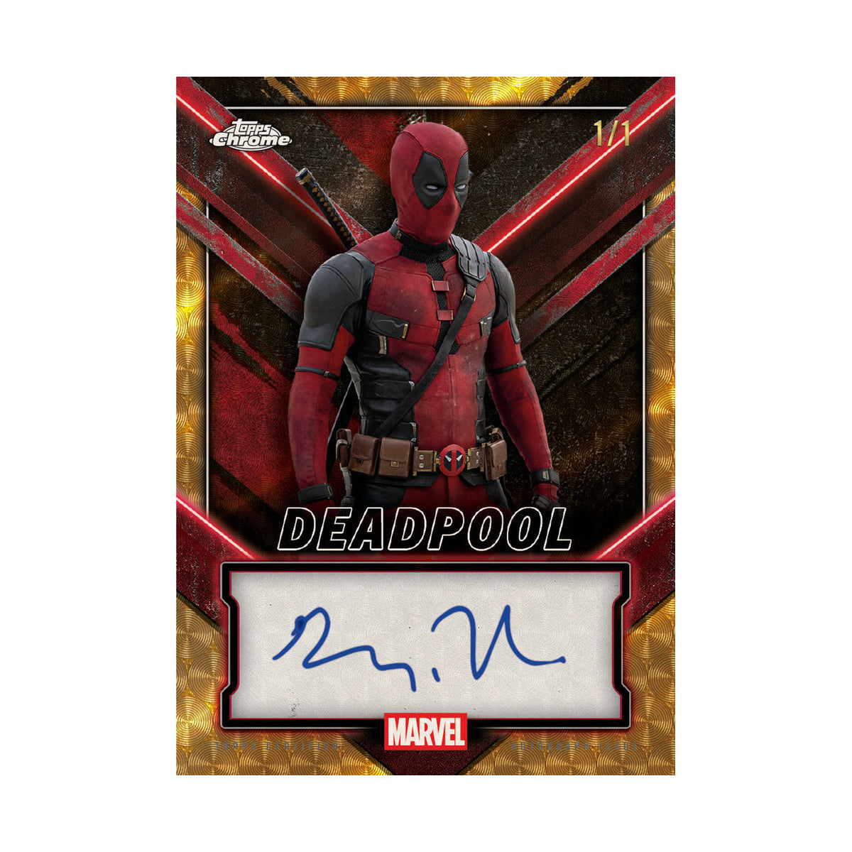 2025 Topps Chrome Deadpool Value. Ryan Reynolds Deadpool autograf Superfractor. Produsentens eksempel, ikke garantert innhold.