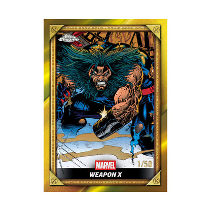 2025 Topps Chrome Deadpool Value. Weapon X Comic Book Gold parallell. Produsentens eksempel, ikke garantert innhold.
