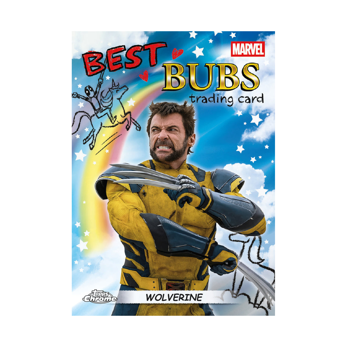 2025 Topps Chrome Deadpool Value. Wolverine Best Bubs insert. Produsentens eksempel, ikke garantert innhold.