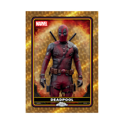 2025 Topps Chrome Deadpool Value. Deadpool base Superfractor. Produsentens eksempel, ikke garantert innhold.