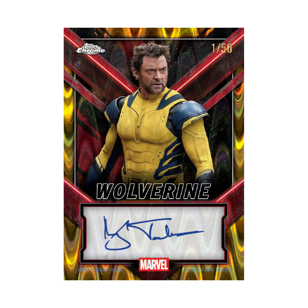 2025 Topps Chrome Deadpool Value. Hugh Jackman Wolverine autograf. Produsentens eksempel, ikke garantert innhold.