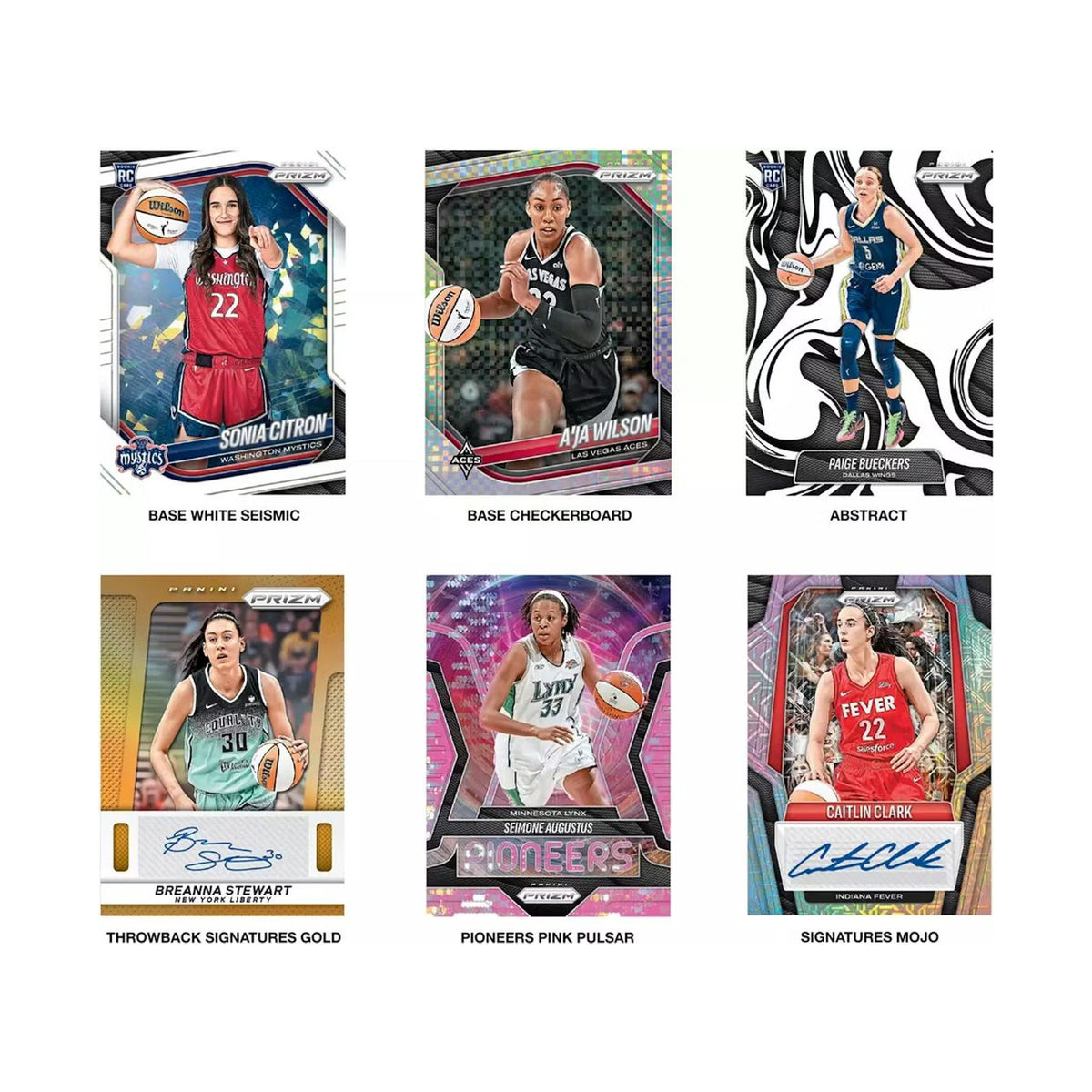 2025 Panini Prizm WNBA Mega. Produsentens korteksempler for Mega formatet. Produsentens eksempel, ikke garantert innhold.