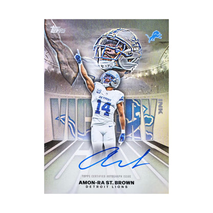 2026 Topps Flagship Football Hobby. Amon Ra St Brown Victory Ink autograf. Produsentens eksempel, ikke garantert innhold.