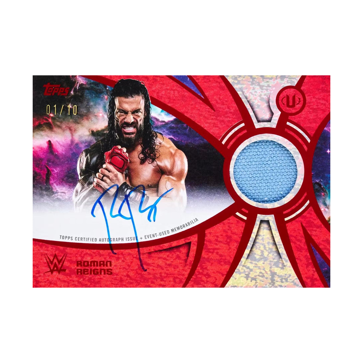 2026 Topps WWE Universe Mega. Roman Reigns autograf og relic. Produsentens eksempel, ikke garantert innhold.