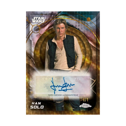 2026 Topps Chrome Star Wars Hobby. Han Solo autograf 1/1. Produsentens eksempel, ikke garantert innhold.