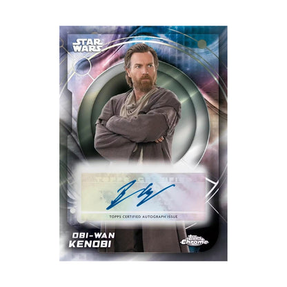 2026 Topps Chrome Star Wars Hobby. Obi Wan Kenobi autograf. Produsentens eksempel, ikke garantert innhold.