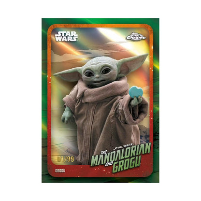 2026 Topps Chrome Star Wars Hobby. Grogu nummerert /99. Produsentens eksempel, ikke garantert innhold.