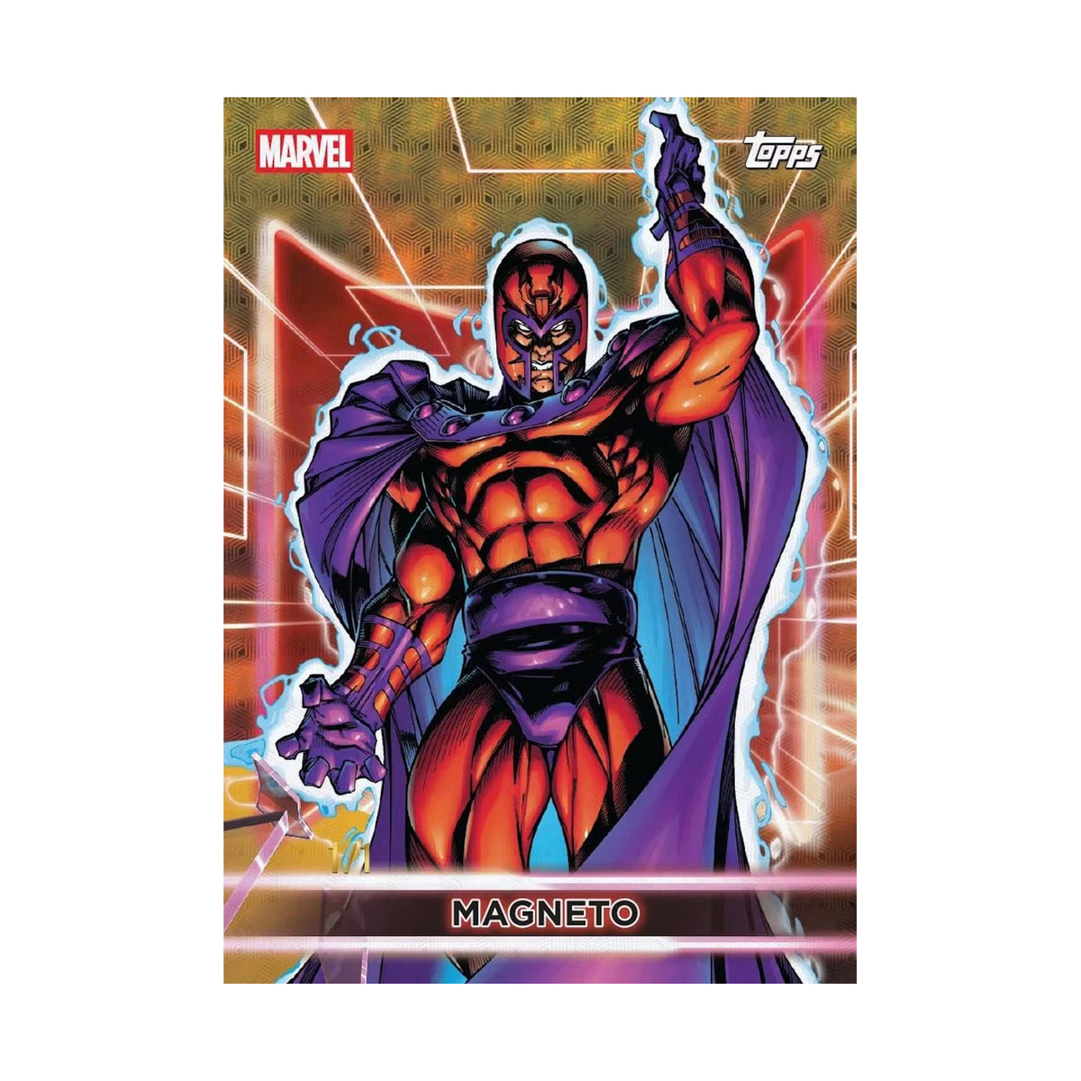 2026 Topps Neon Marvel Hobby. Magneto basekort. Produsentens eksempel, ikke garantert innhold.