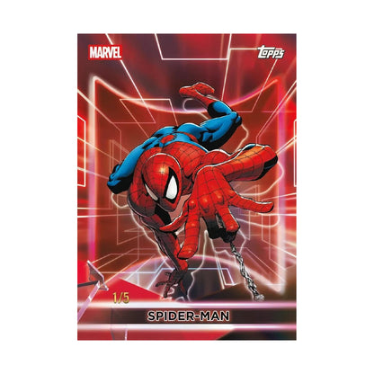 2026 Topps Neon Marvel Hobby. Spider Man nummerert /5. Produsentens eksempel, ikke garantert innhold.