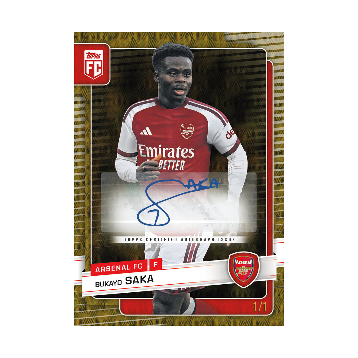 Arsenal Collector Tin 2027. Bukayo Saka Base Card Autograph. Produsentens korteksempel, ikke garantert innhold.