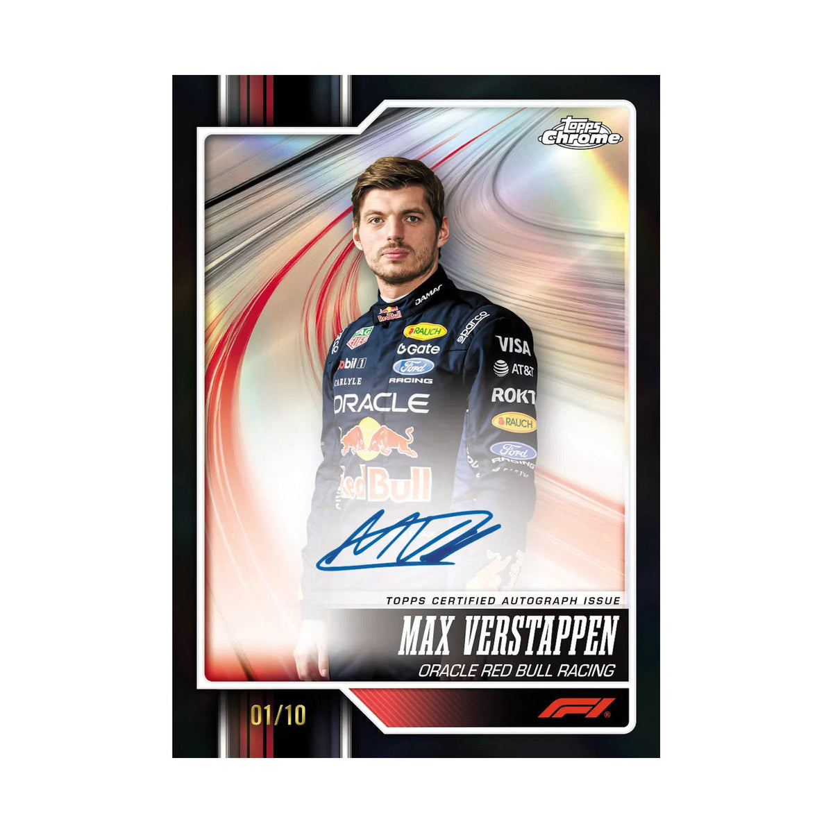 2026 Topps Chrome F1 Formula 1 Hobby Boks. Max Verstappen autograf nummerert /10. Produsentens eksempel, ikke garantert innhold. – Break #1650