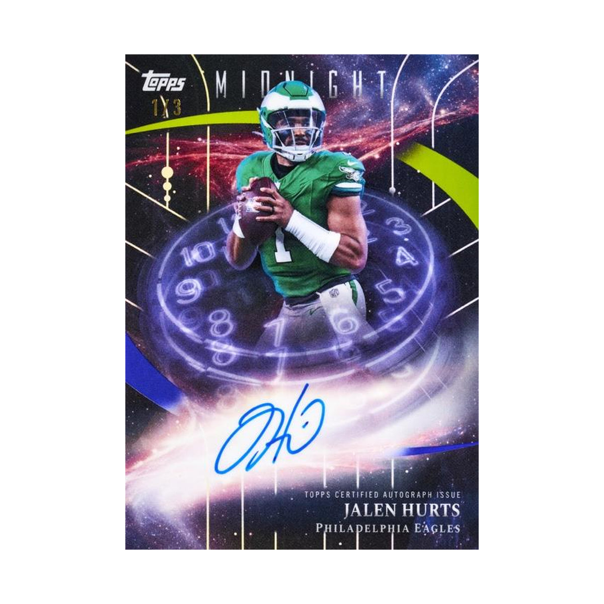 2026 Topps Midnight Football Stroke of Midnight Autographs Jalen Hurts, produsentens korteksempel, ikke garantert innhold