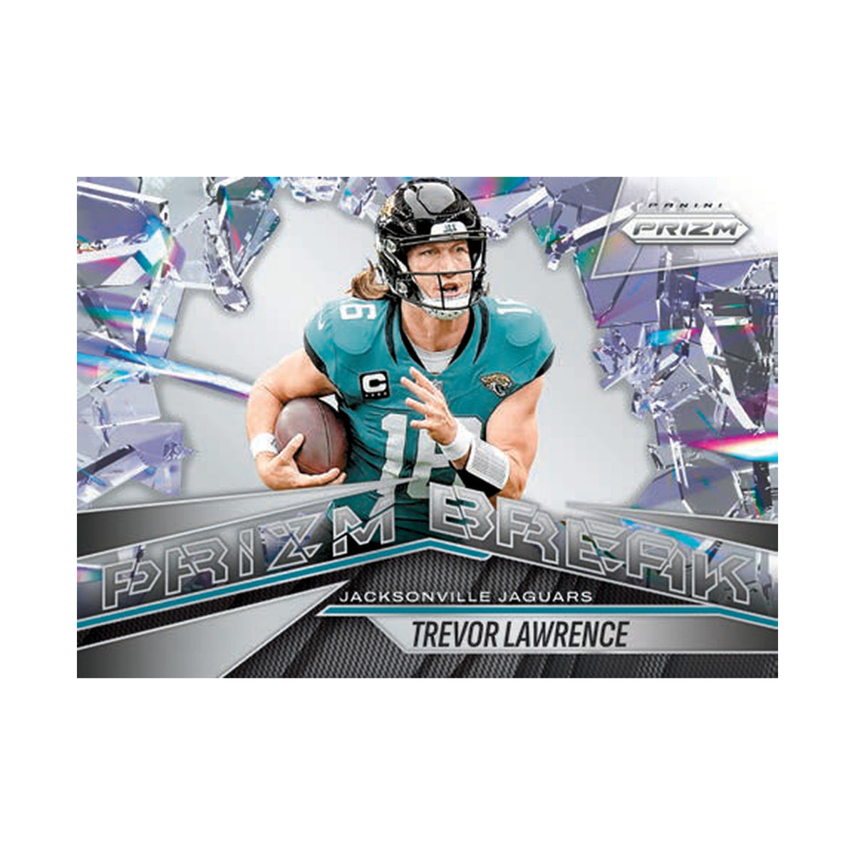 Trevor Lawrence Prizm Break. Produsentens serieeksempel, ikke garantert innhold eller parallell i Fat Pack-boksen.